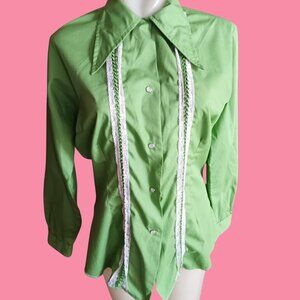 Medium Vintage Cowgirl Blouse Shirt 1960's Karman Western Avocado Green Snap Mod